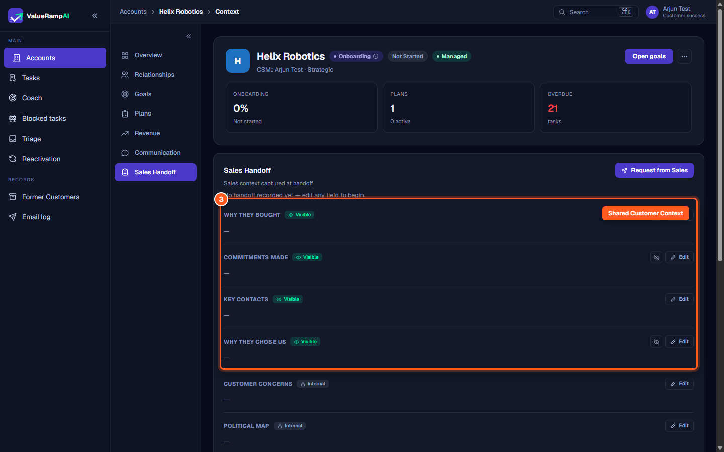 Customer-visible handoff fields including Why they bought, Commitments made, Key contacts, and Why they chose us