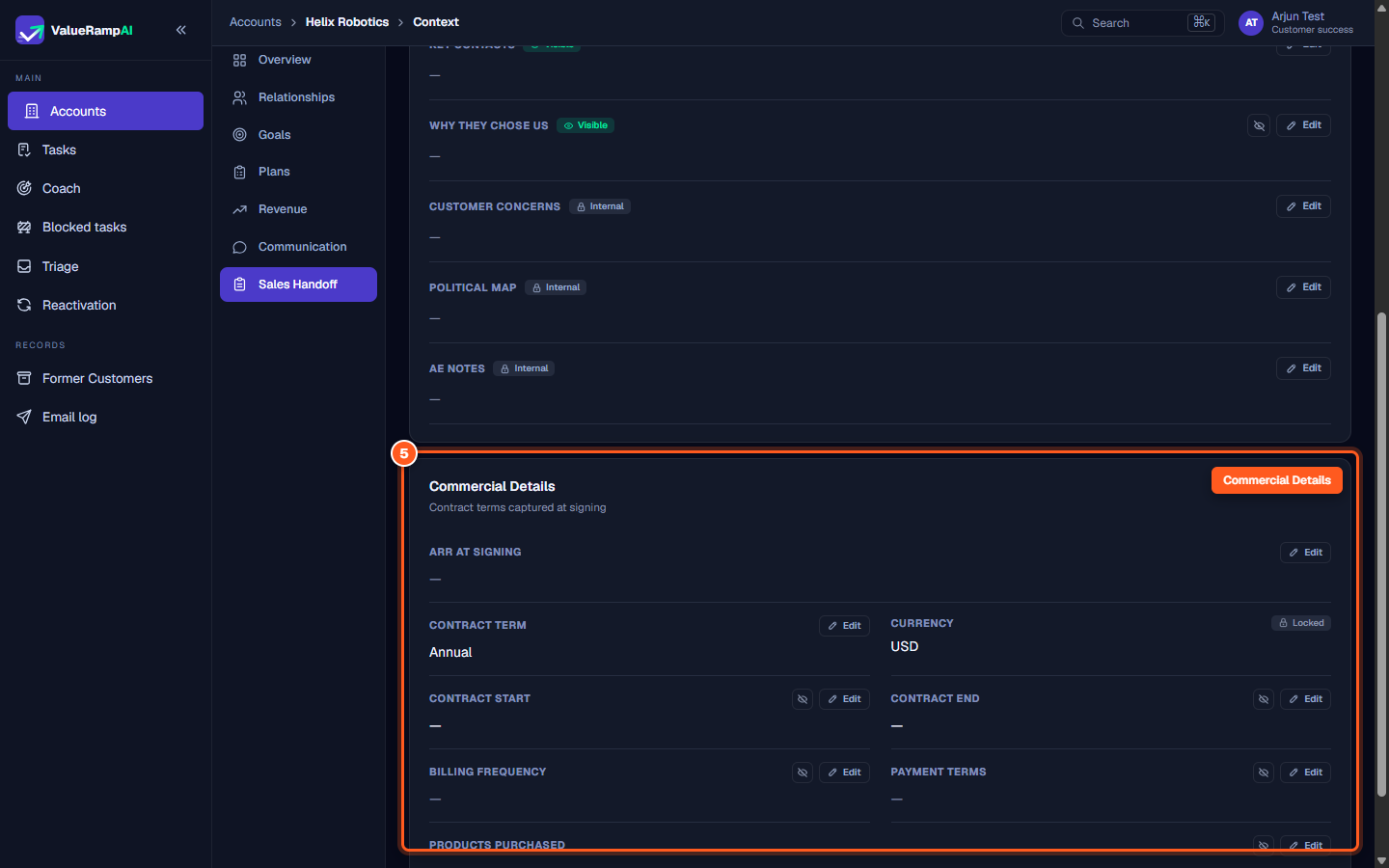 Commercial Details panel displaying ARR at signing, contract term, currency, dates, billing frequency, and purchased products