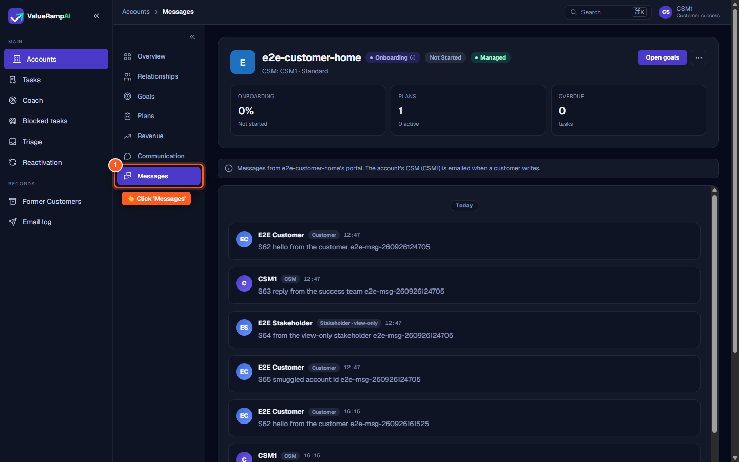 Account sub-navigation showing the Messages tab located after Communication