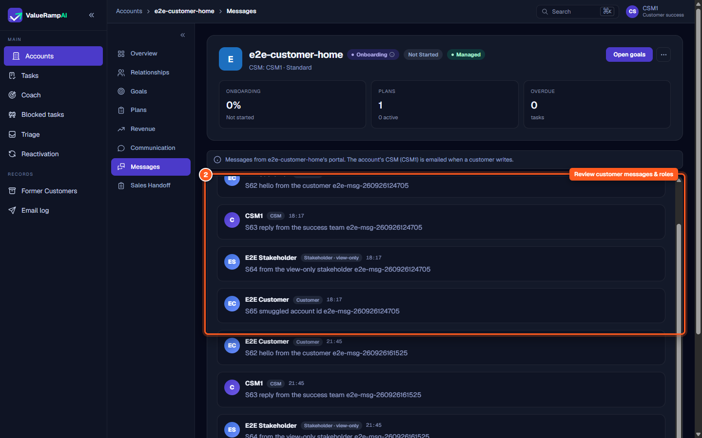 Customer conversation thread displaying chronological message cards, sender avatars, and role tags