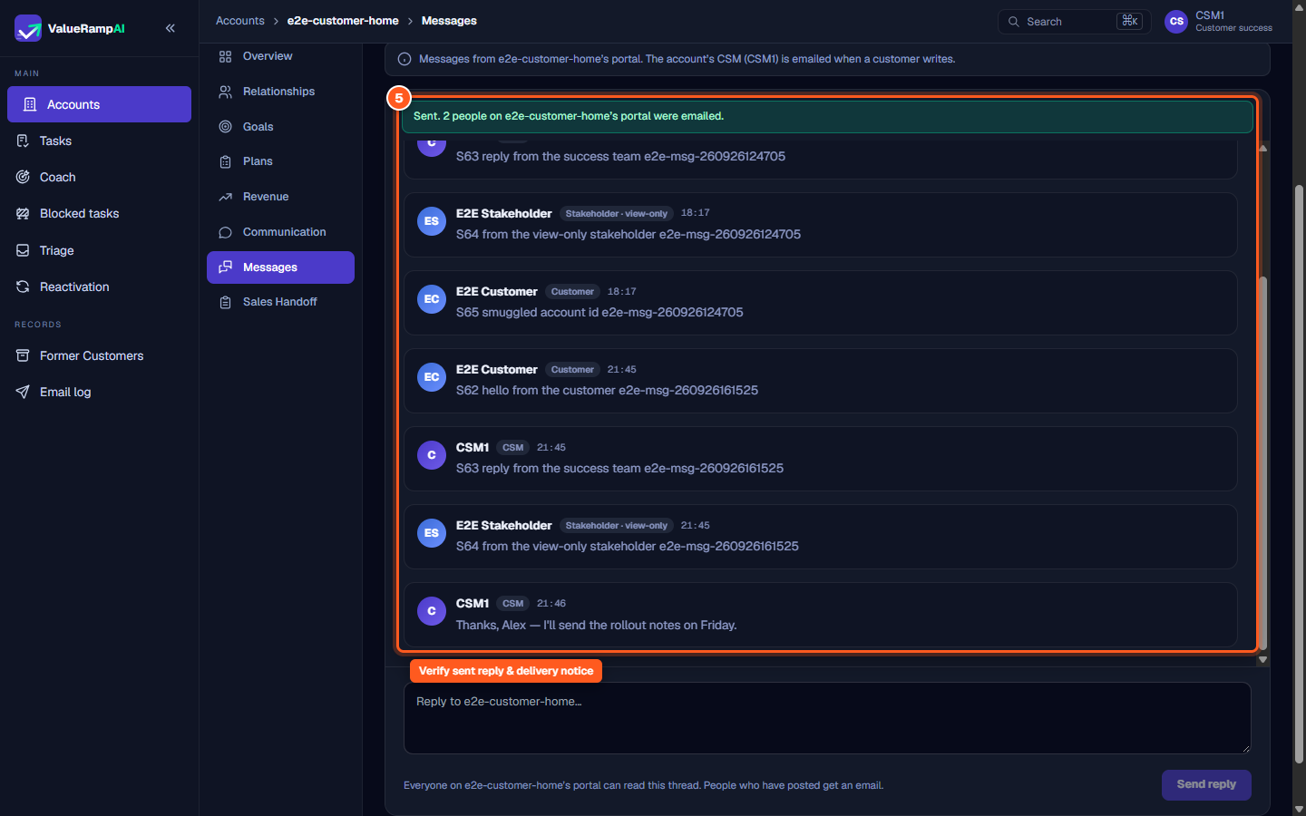 Conversation feed showing the newly published CSM message and confirmation status banner