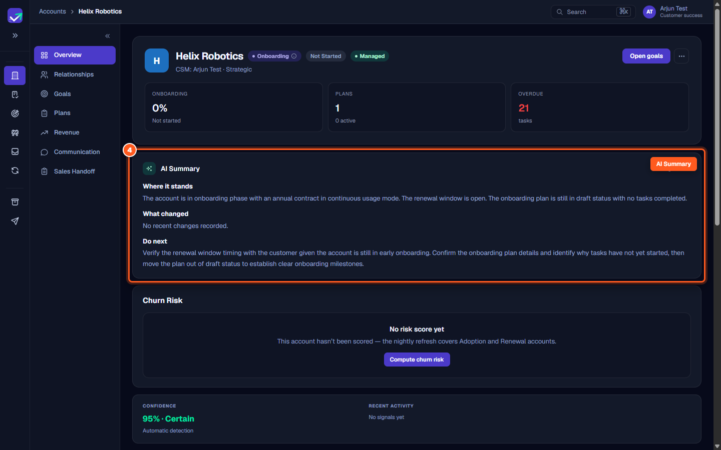 The AI Summary card synthesizing current customer standing, onboarding progress, and contract context