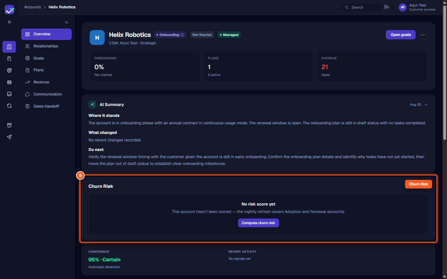 Churn risk card displaying evaluation state, scoring coverage, and Compute churn risk button