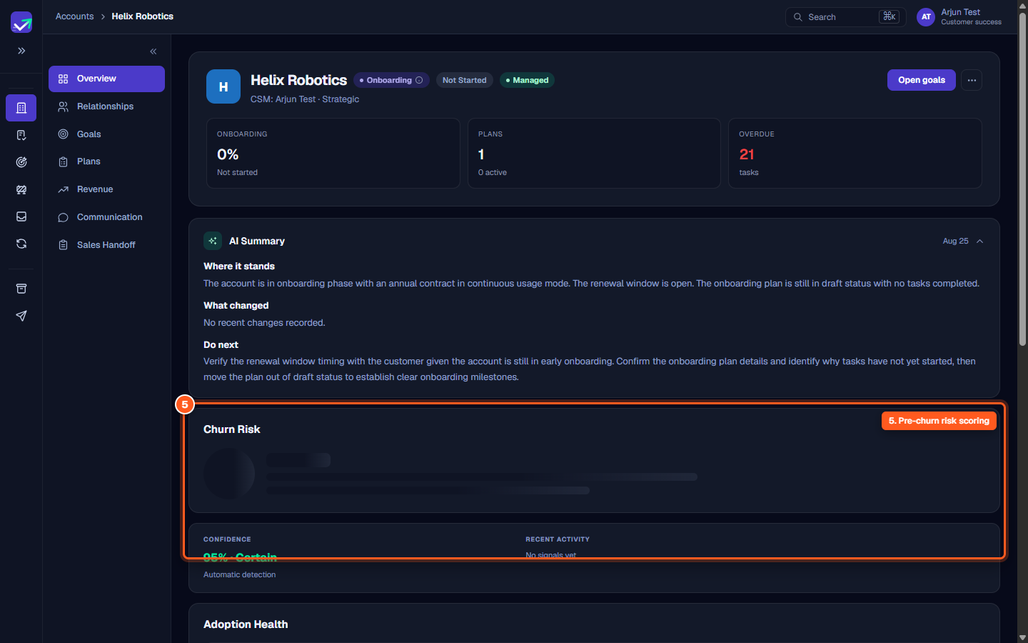 The Churn Risk card on the Account Overview page with the Compute churn risk trigger