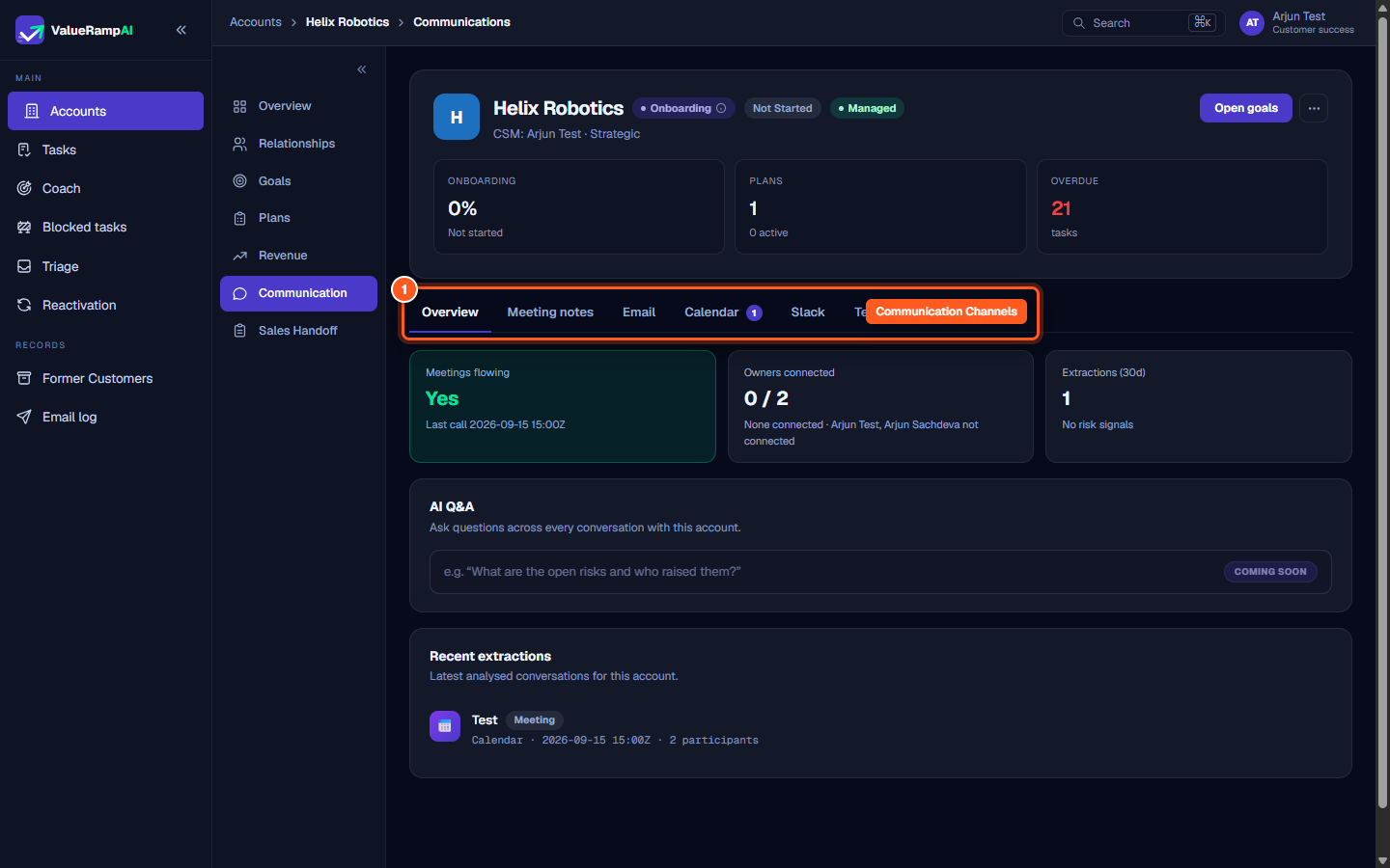 The Communication channels sub-tab bar with tabs for Overview, Meeting notes, Email, Calendar, Slack, Teams, and Settings