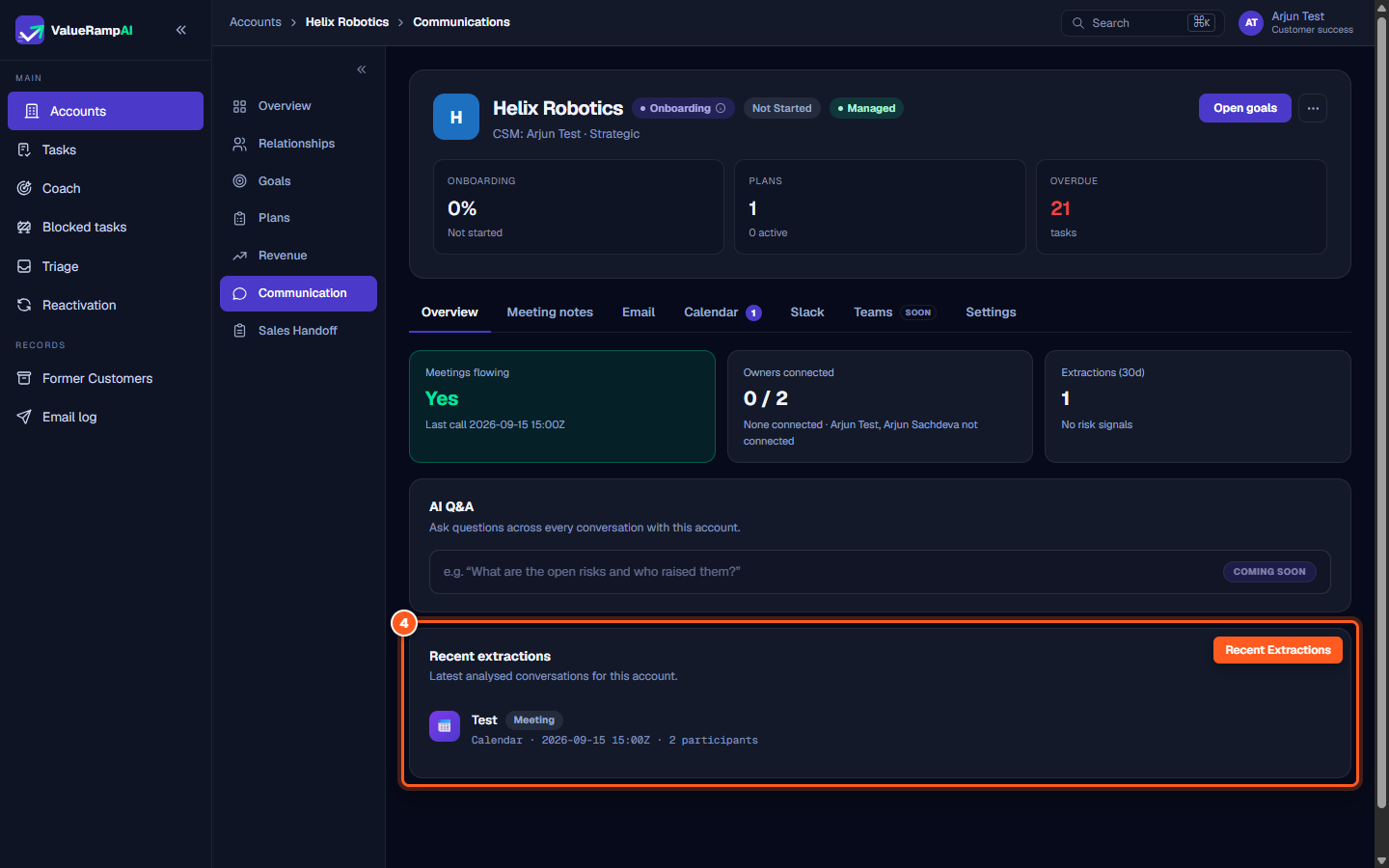 Recent extractions list showing analyzed customer calls, participant counts, and timestamps
