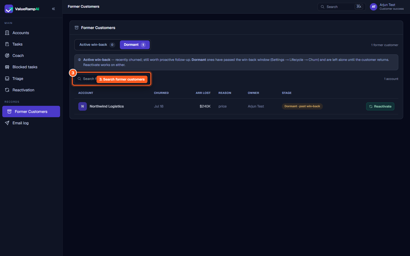 The search input field filtering former customers by company name