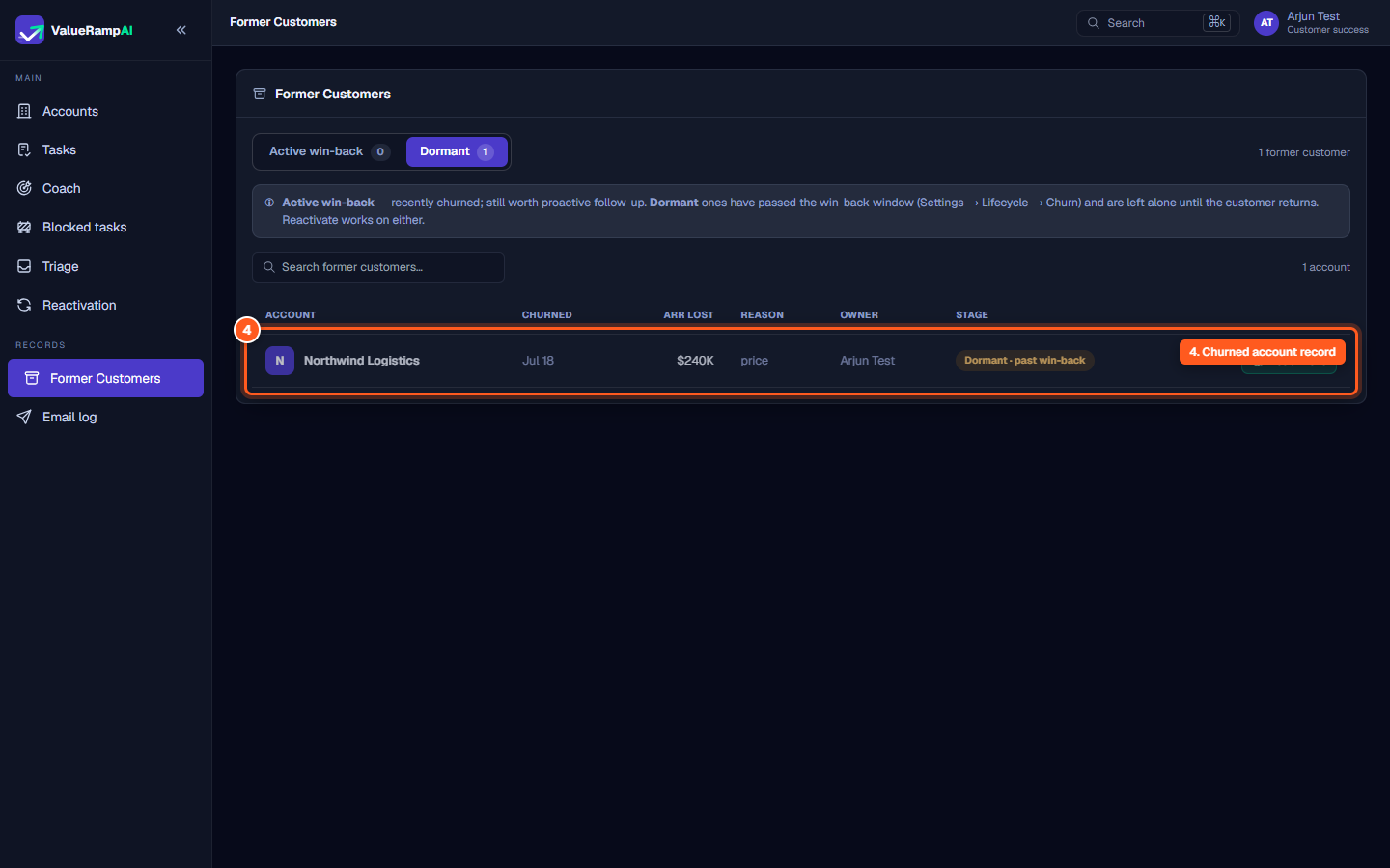 The former customer table row showing churn date, ARR lost, stated churn reason, and owner