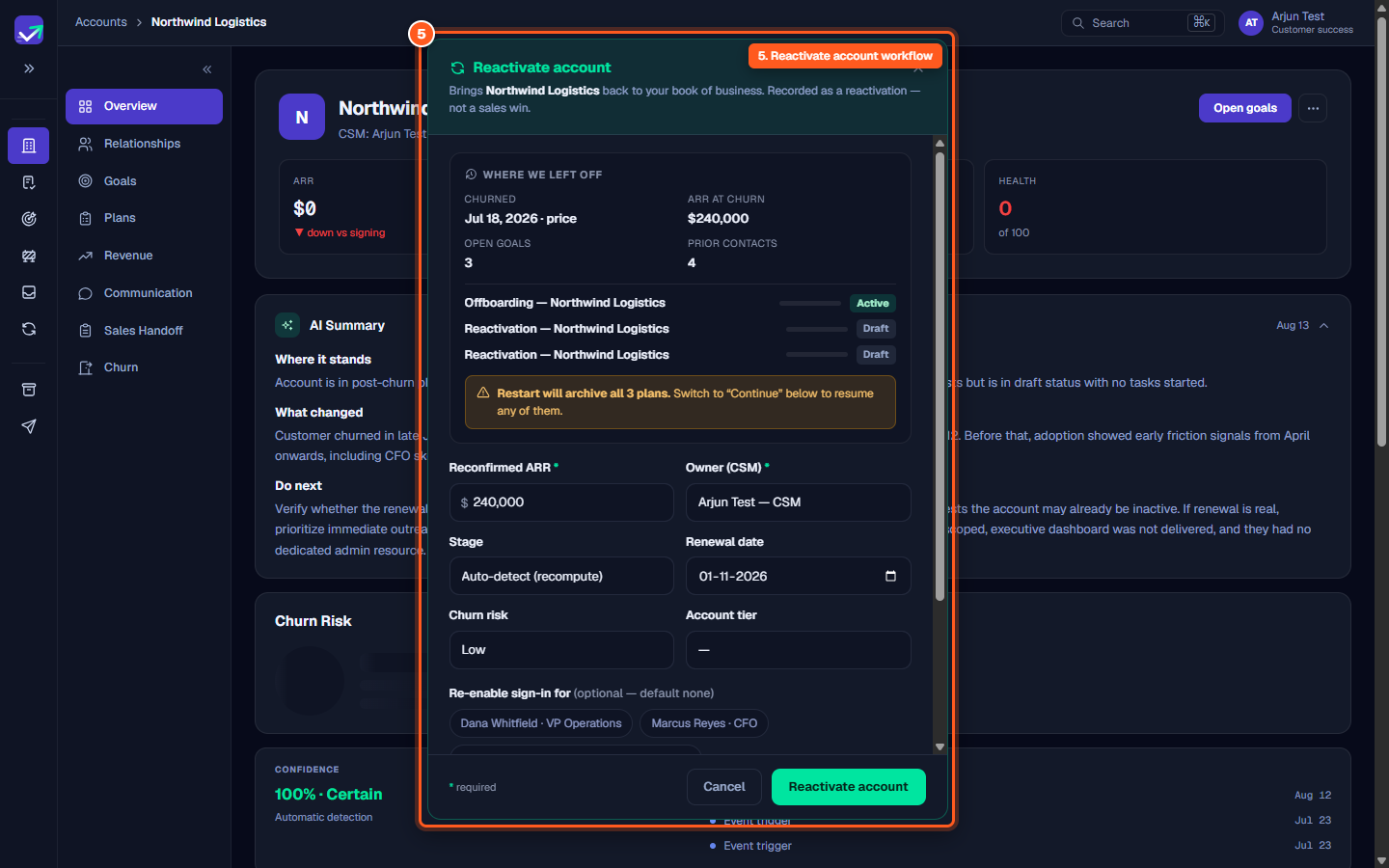 The Reactivate account modal summarizing prior goals, contacts, and active plans