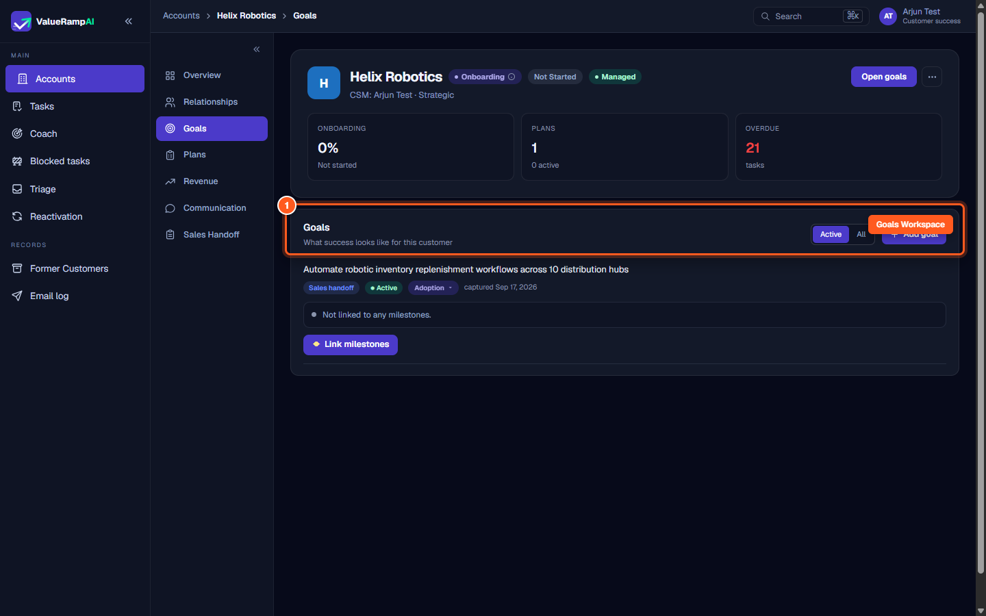 The Goals workspace header showing active filter toggle and account goal overview