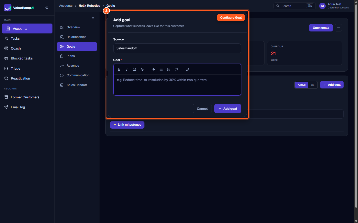 Add goal modal with source dropdown, rich text formatting toolbar, and criteria input field