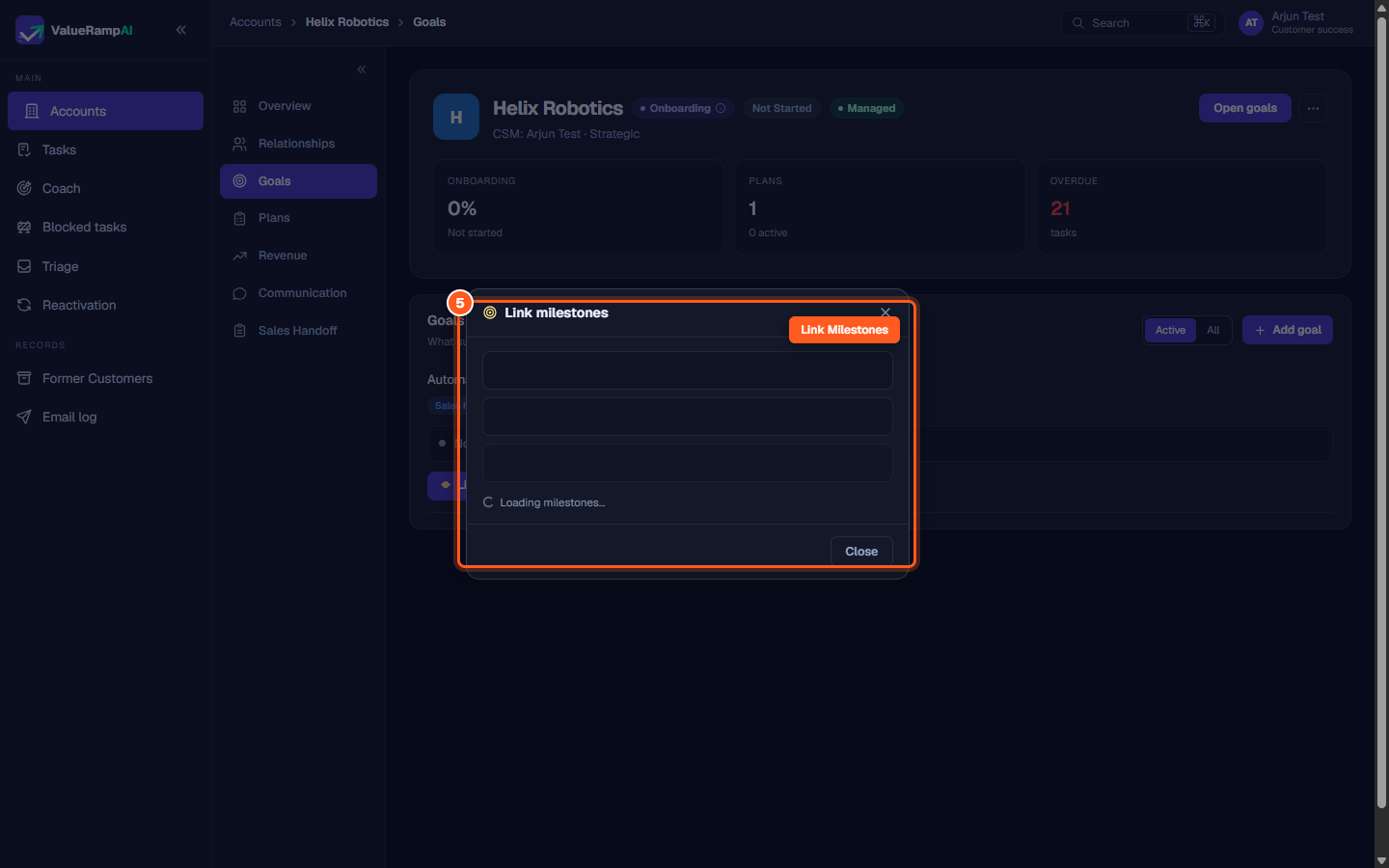 Link milestones dialog allowing connection between plan milestones and the strategic customer goal