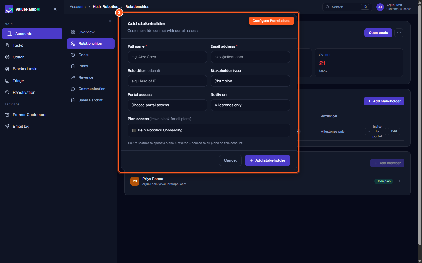 Add stakeholder modal with fields for name, email, stakeholder type, and portal access tier