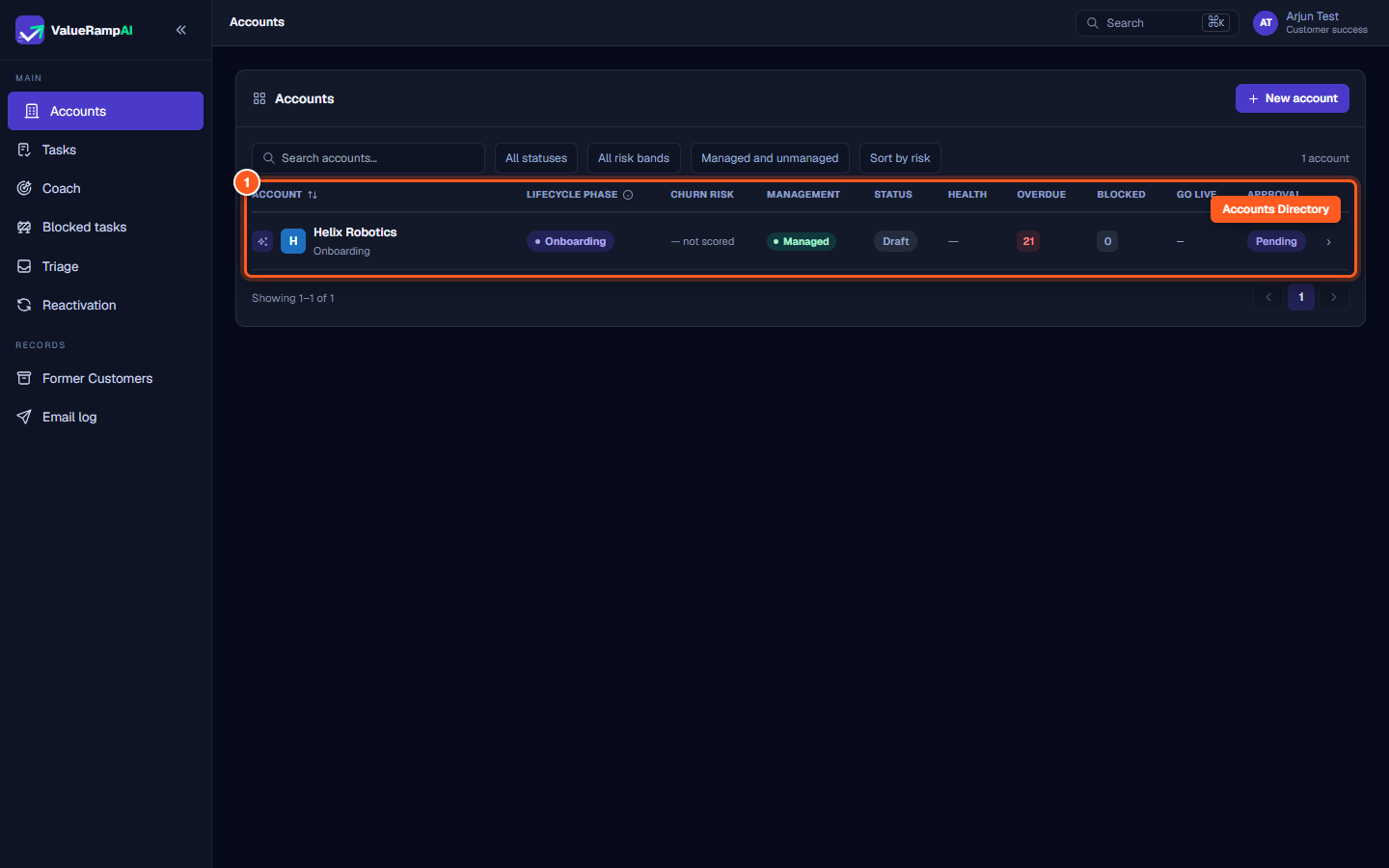 The Accounts directory showing customer accounts with health indicators and lifecycle status