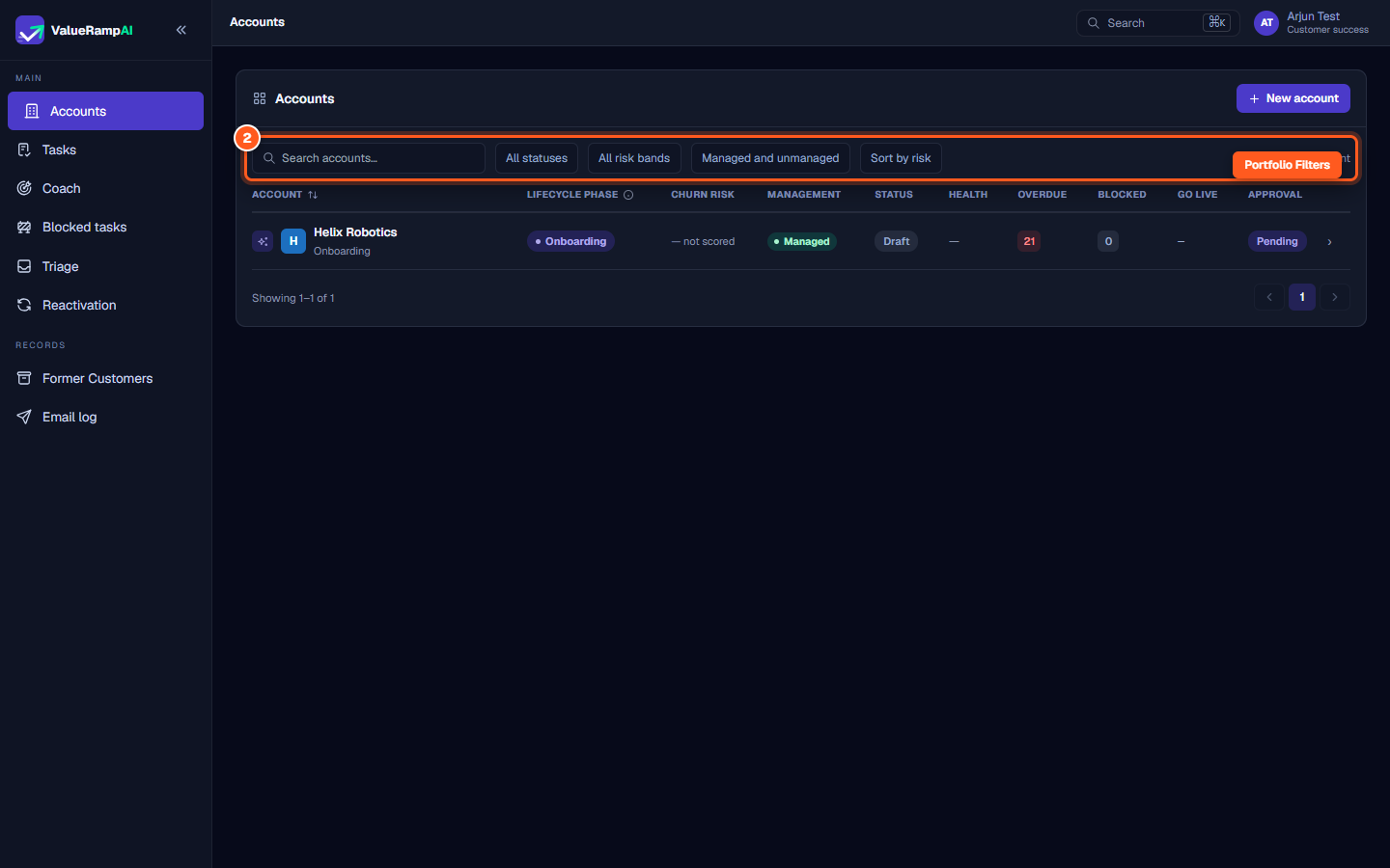 Accounts directory filter bar with controls for status, risk bands, and tier