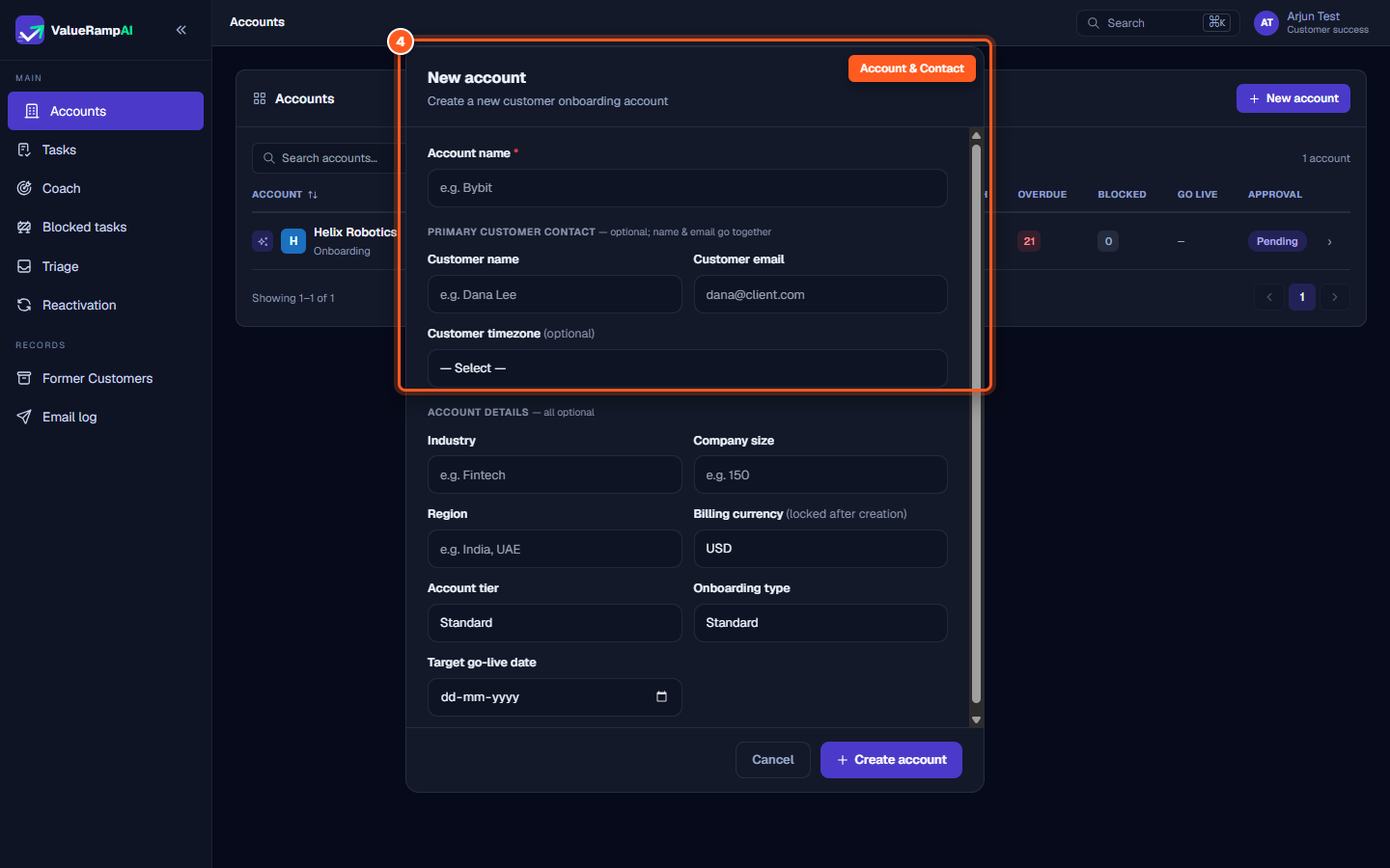 The New account modal fields for company name, primary contact name, email, and timezone