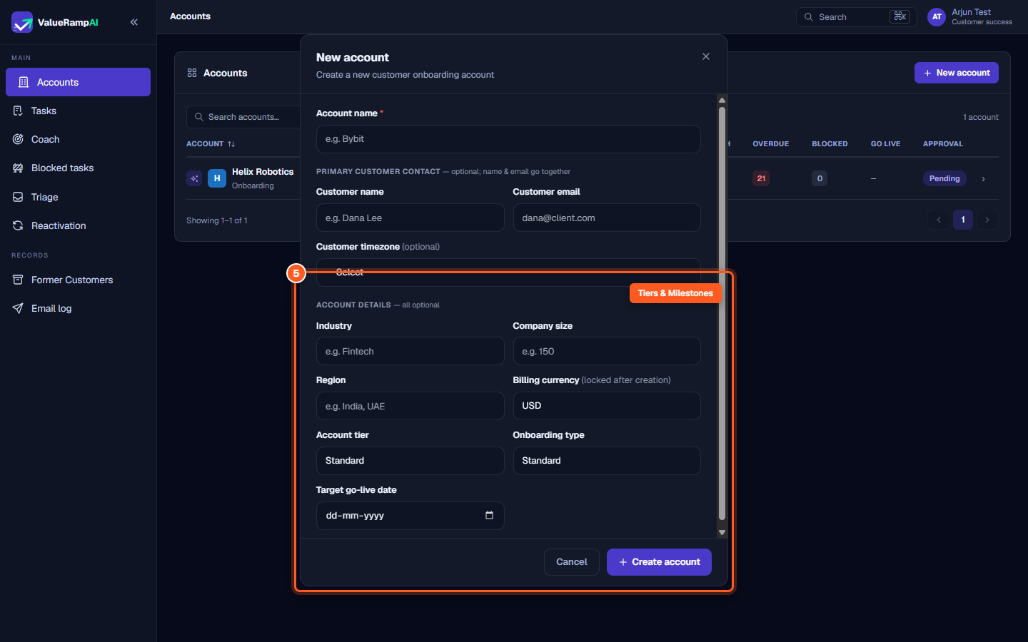 Account tier, currency, and target go-live date selectors with the Create account button