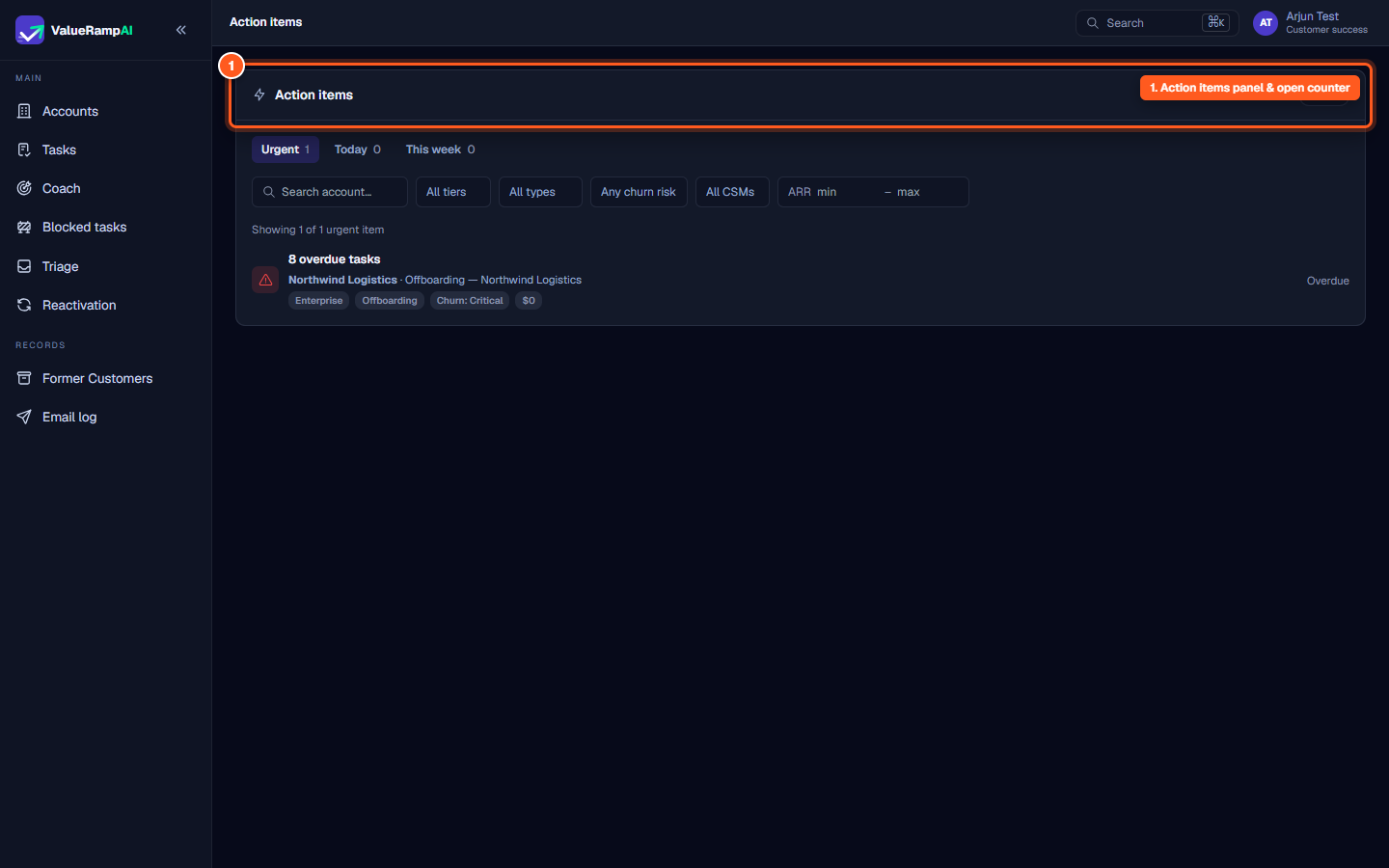 Action items panel header displaying lightning icon and 1 open status badge