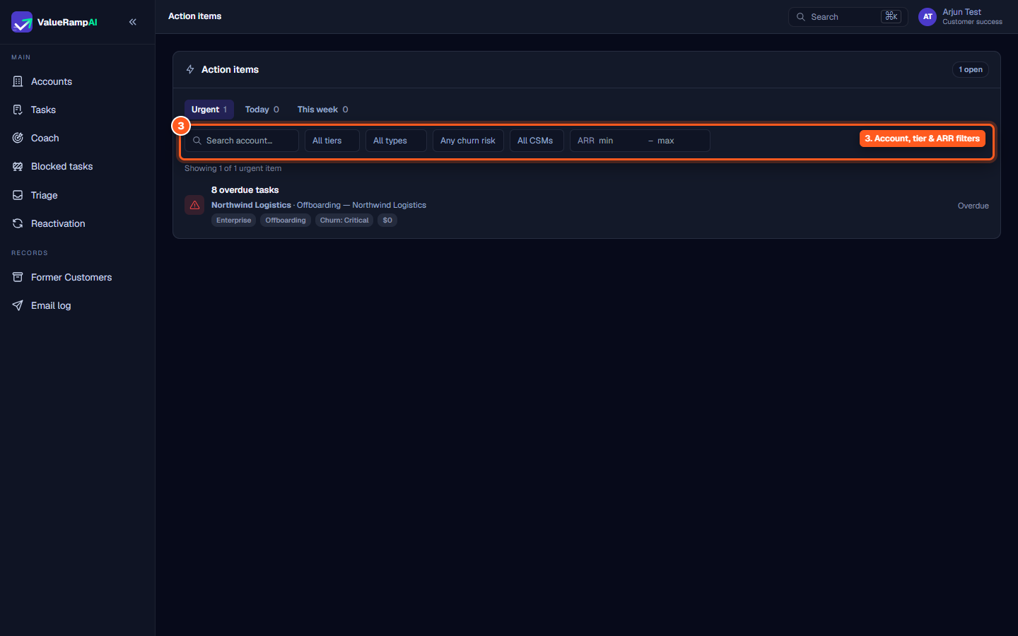 Filter controls including account search input, tier selector, plan type selector, churn risk dropdown, CSM filter, and ARR range inputs
