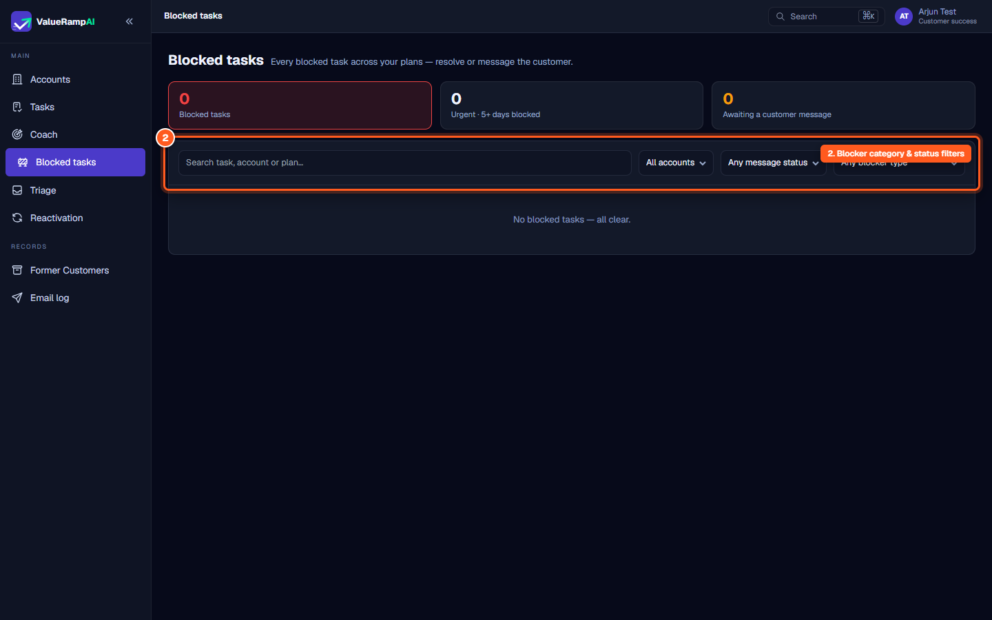 Filter controls including account selector, message status buttons, and blocker type dropdown