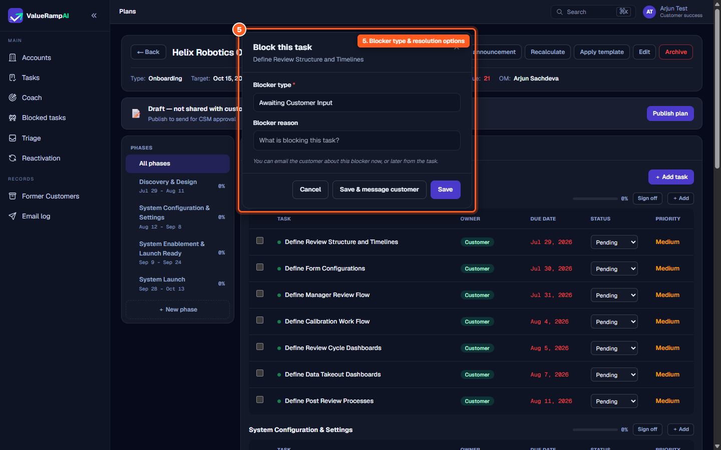 The Block this task modal dialog with blocker type selection and Save & message customer button