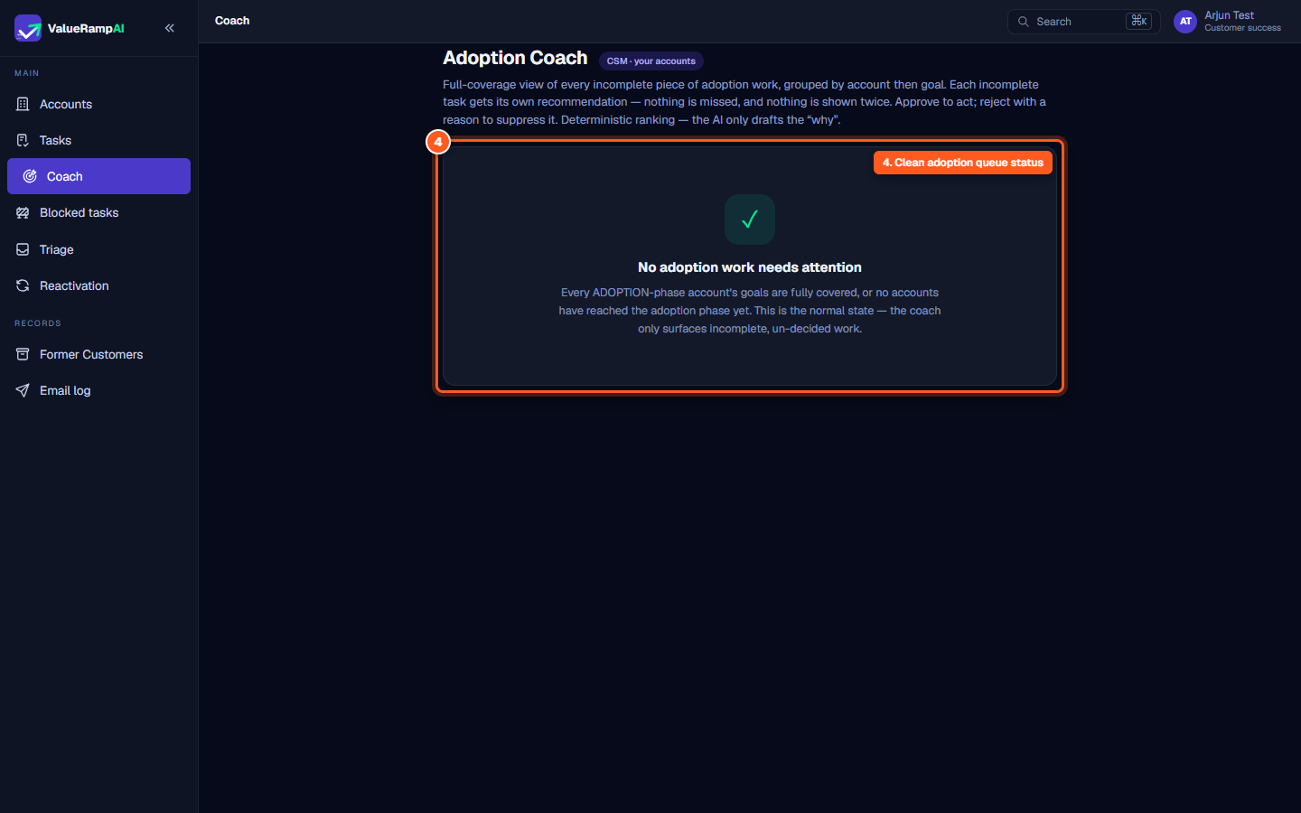 Empty queue card showing checkmark icon and No adoption work needs attention confirmation