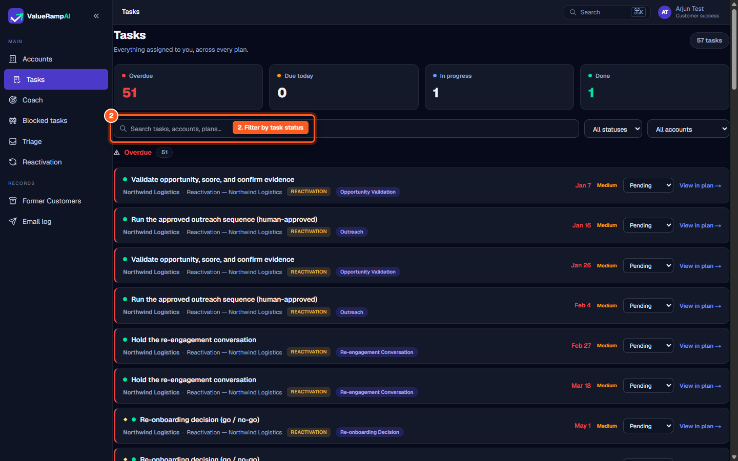 Status filter pills showing All statuses, Pending, In Progress, Done, and Blocked