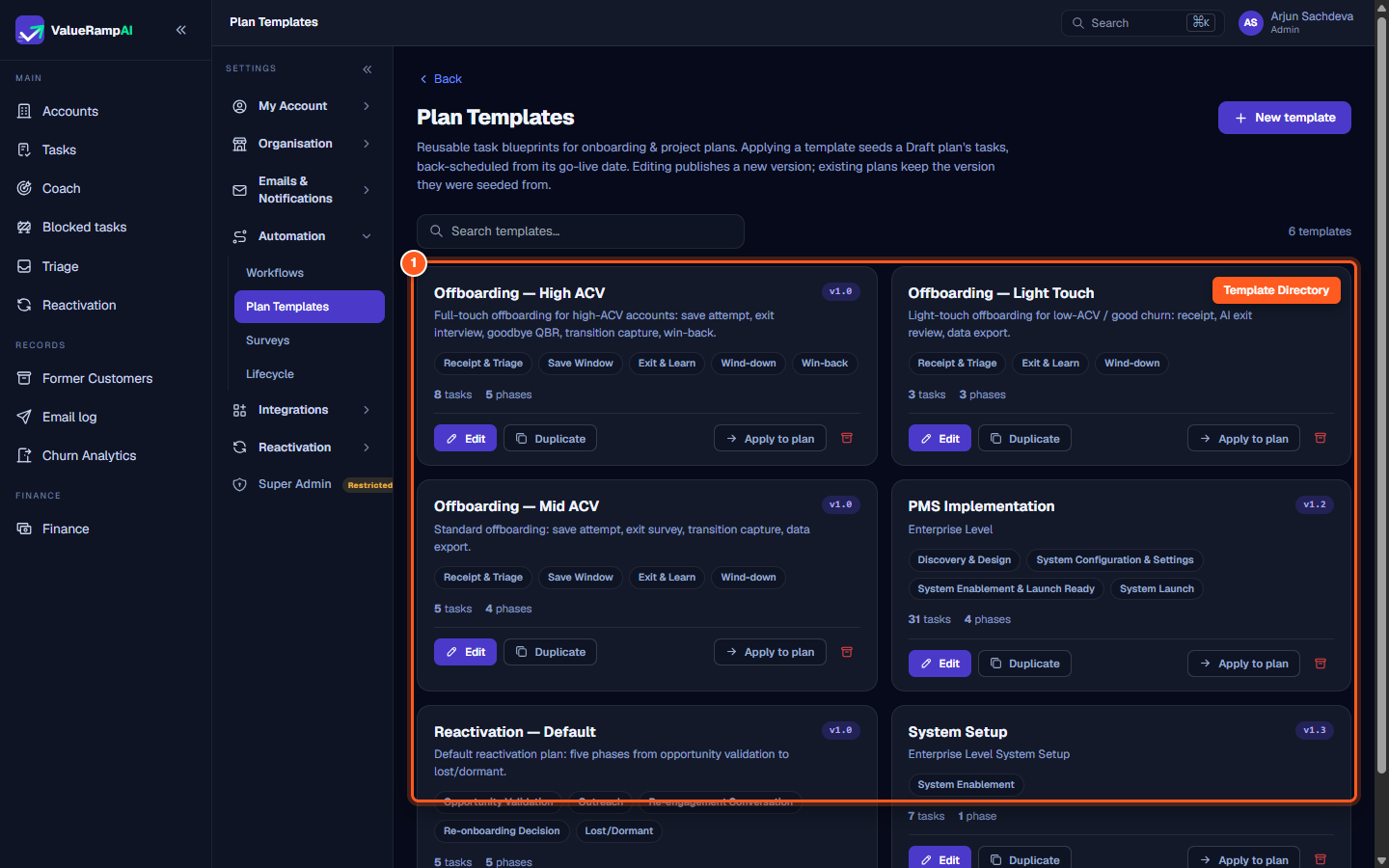 The Plan Templates directory displaying template cards, phase stages, and task counts