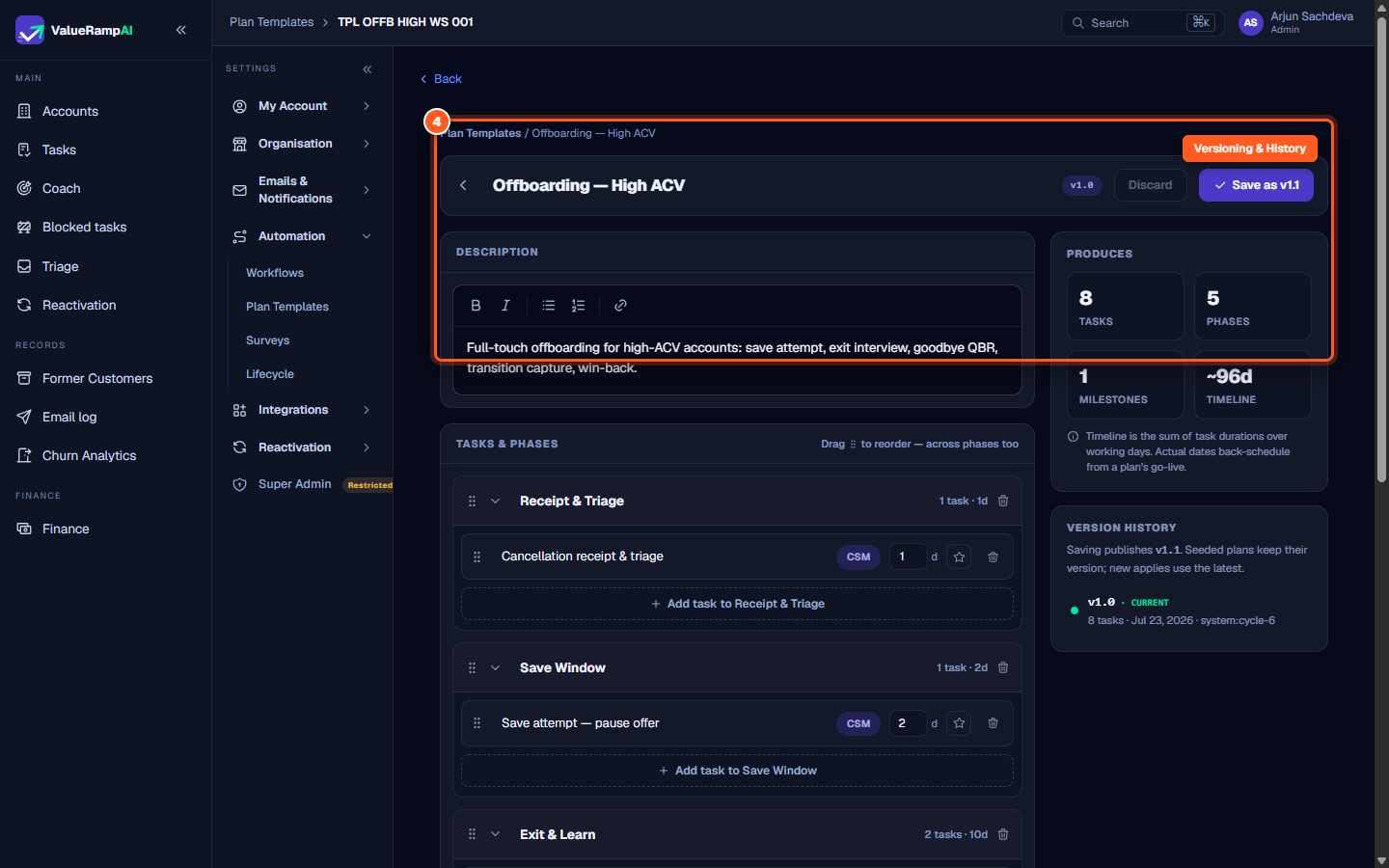 The template versioning banner confirming that active customer plans preserve their original seeded version