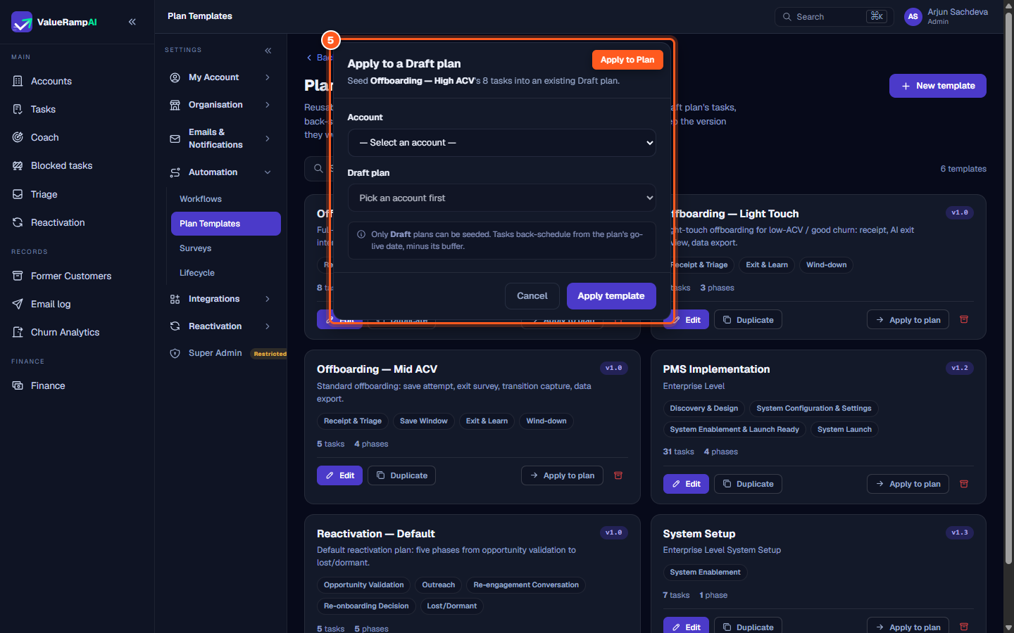 The Apply to plan modal selecting draft customer plans with automated go-live back-scheduling