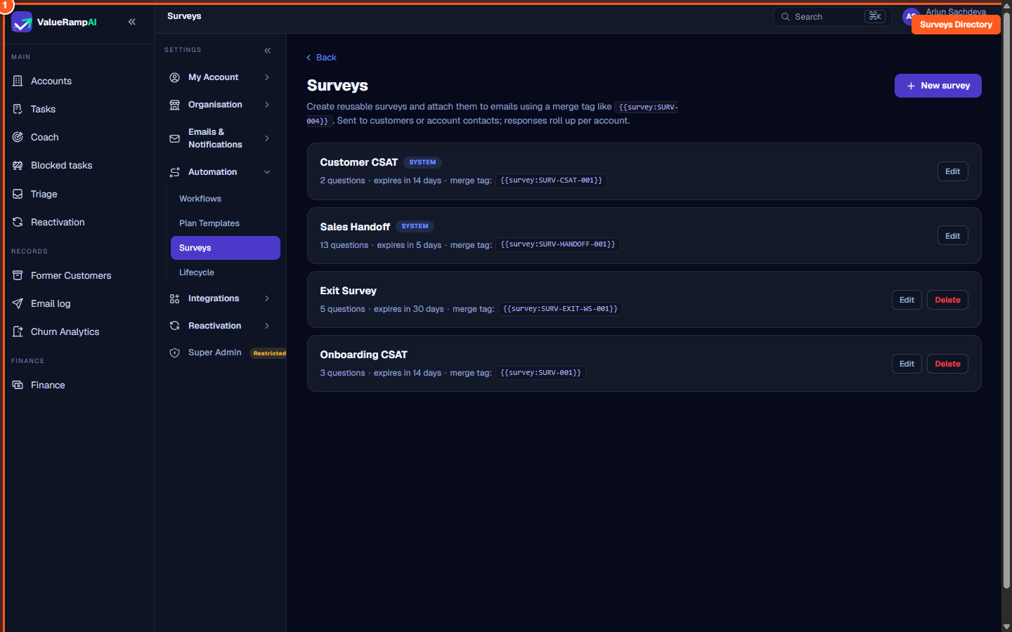 The Surveys directory displaying survey cards, question counts, and merge tags