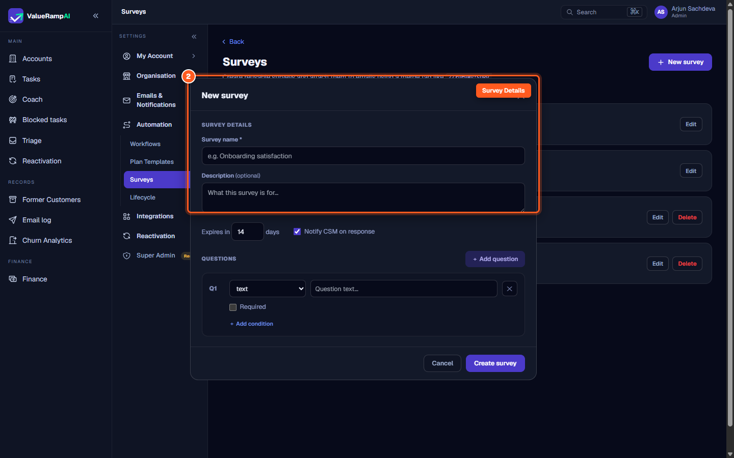 The Survey details form with survey name, expiration days, and notify CSM toggle