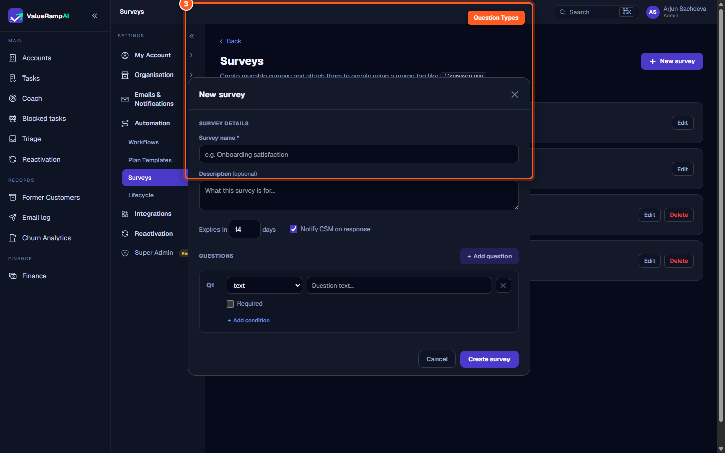 The Question builder modal showing rating, NPS, text, and select options