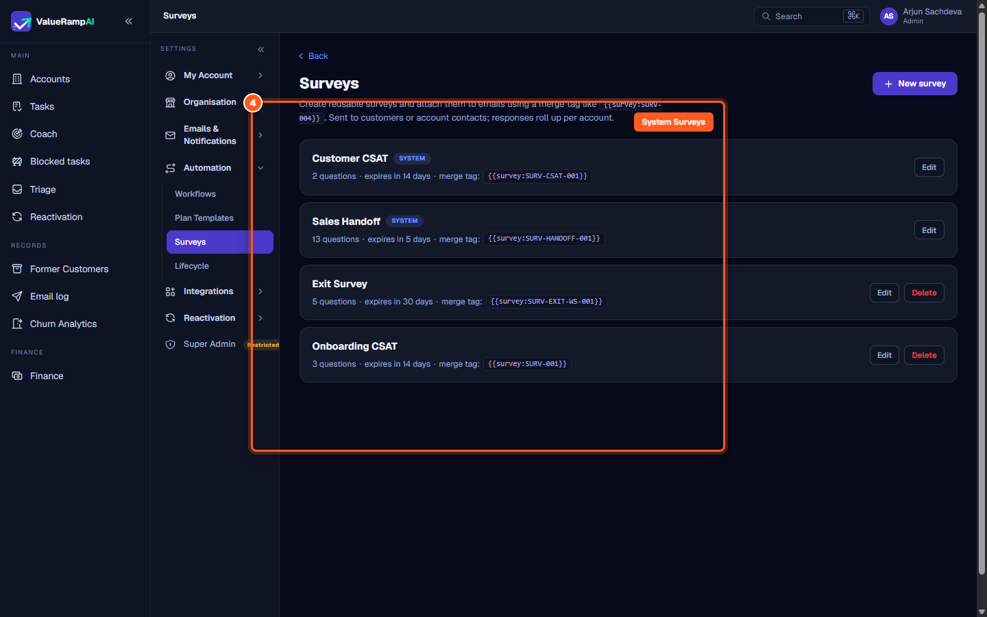 System survey editor with locked questions notice and configurable expiration window
