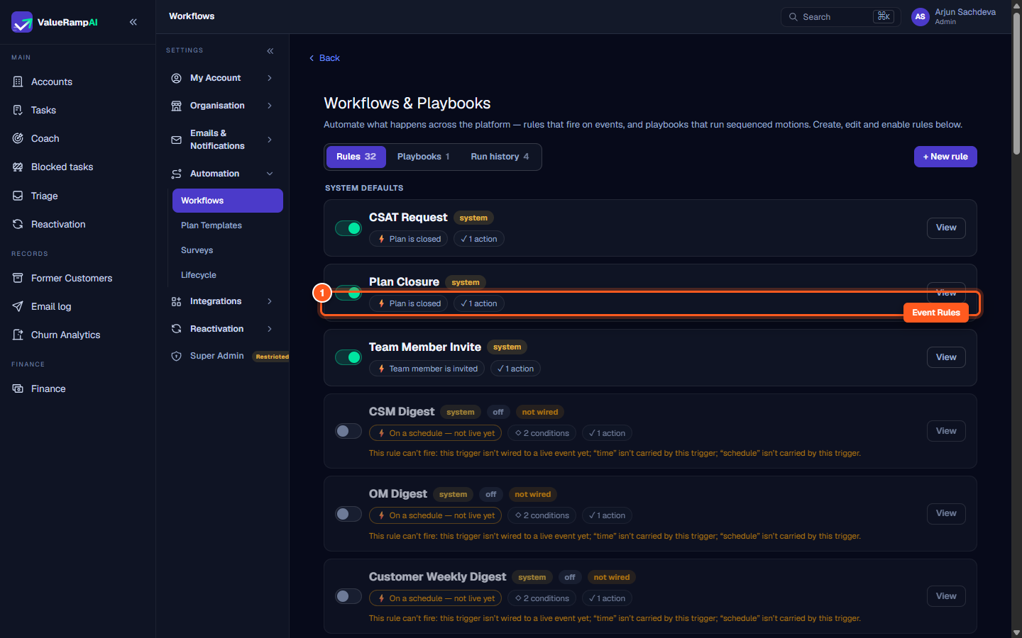 The Rules directory showing automated event rules, triggers, conditions, and active status toggles
