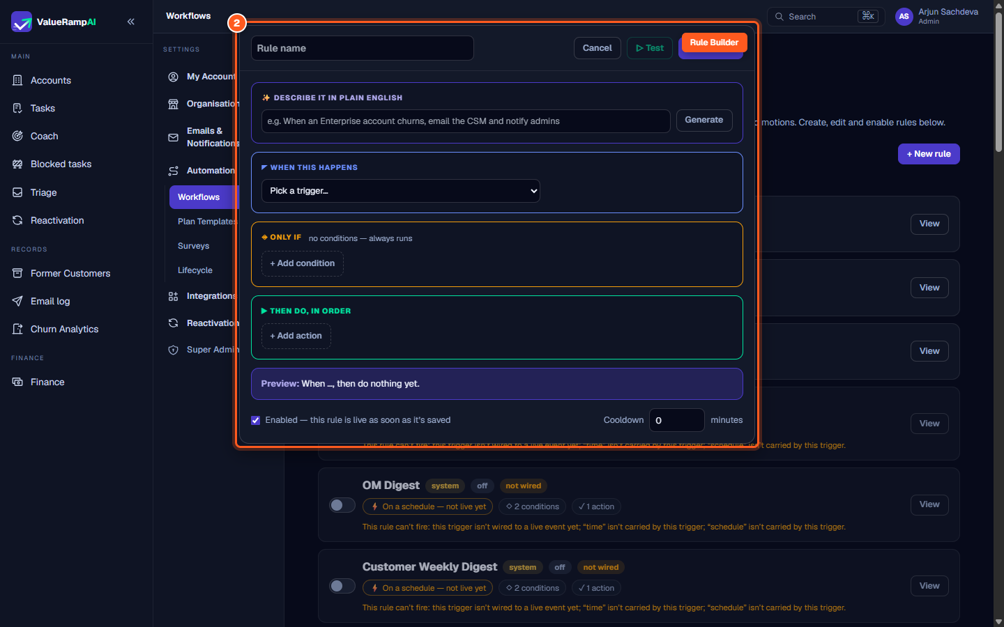 The RuleBuilder modal showing natural language AI input, trigger events, and cooldown settings