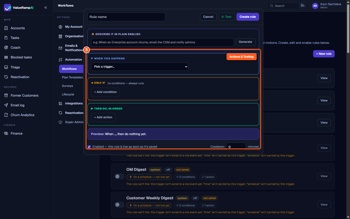 The Action builder panel showing email, Slack, and task actions alongside dry-run simulation test controls