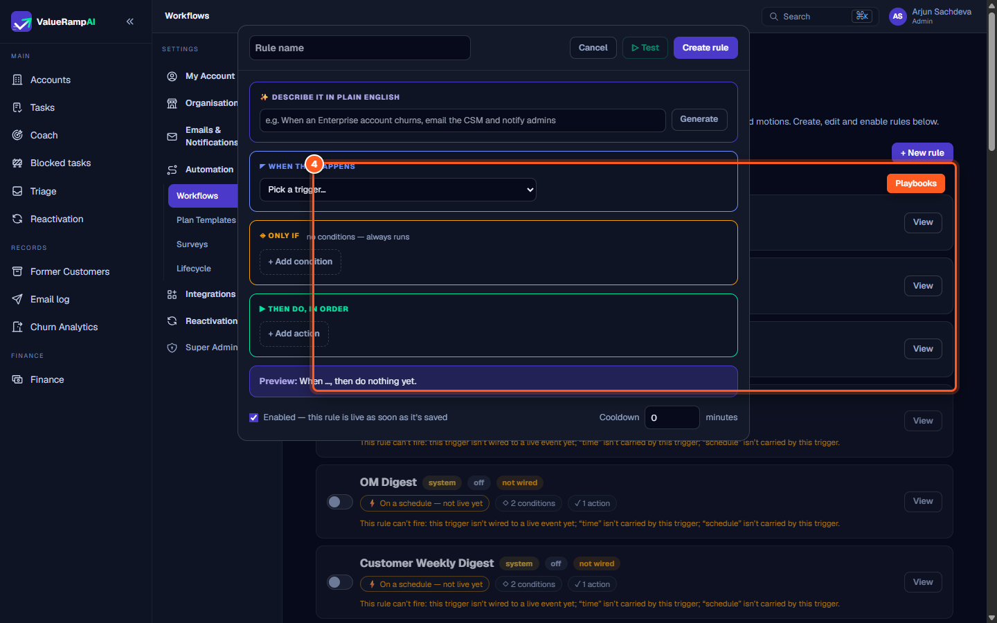 The Playbooks tab displaying structured multi-step motions, task checklists, and delay timers