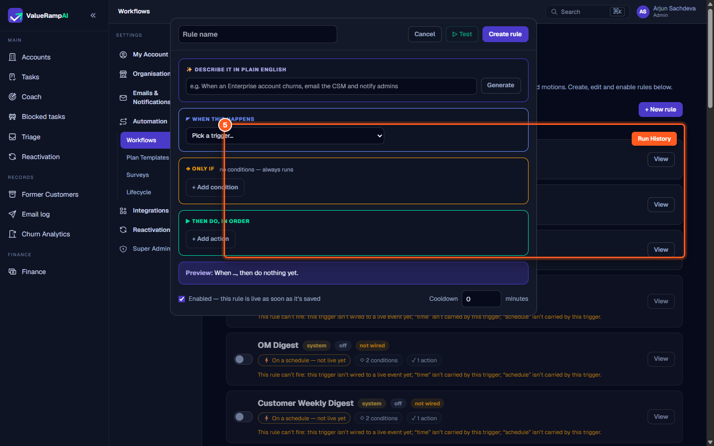 The Run history table detailing execution timestamps, trigger events, target accounts, and statuses