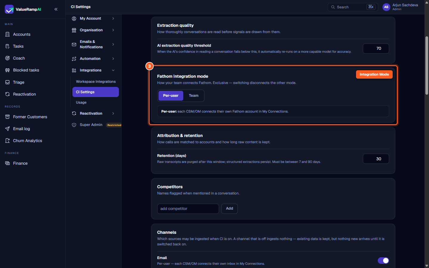 The Fathom integration mode segmented control with Per-user and Team options