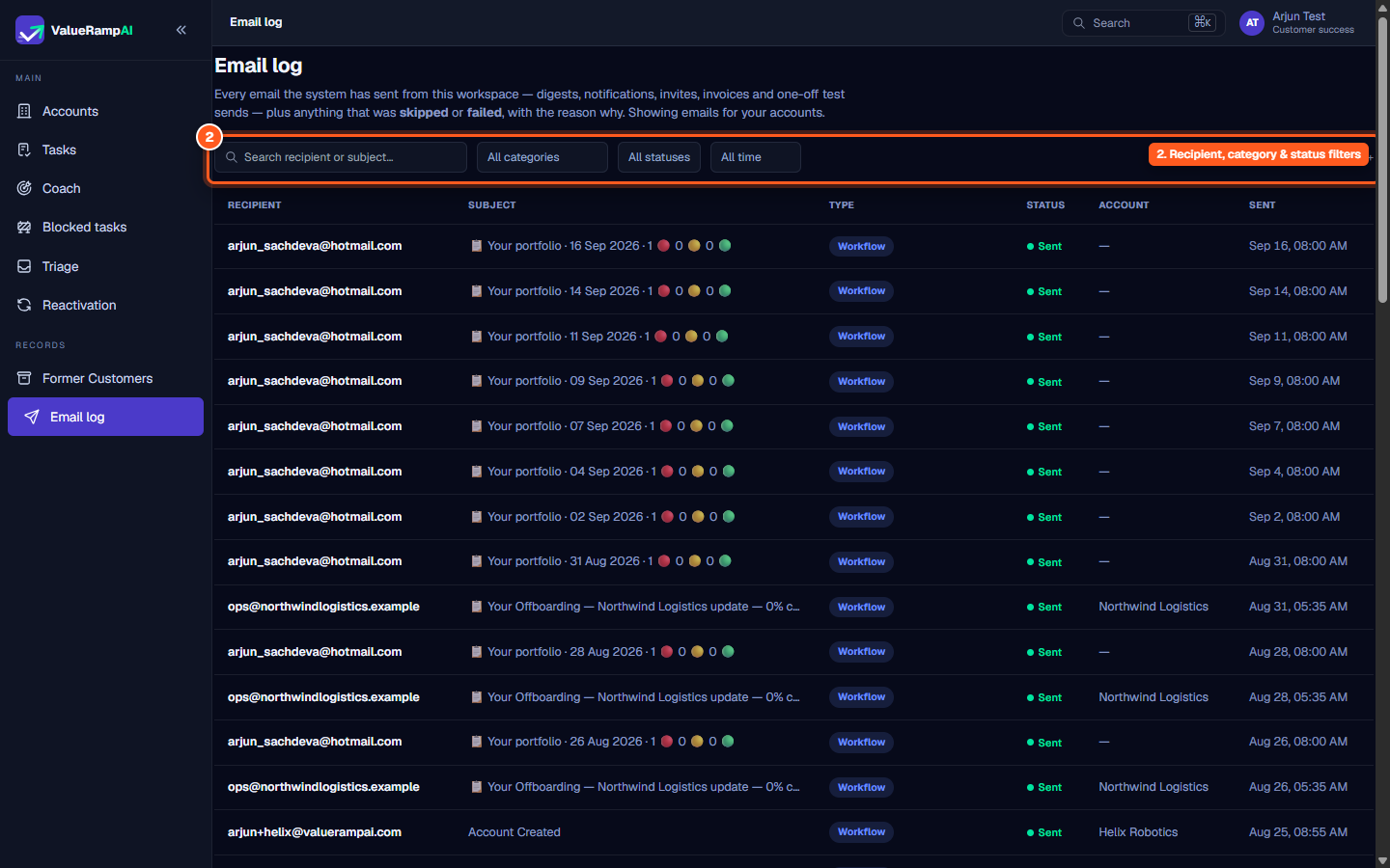 The email log filter bar containing search input, category dropdown, status selector, and date range dropdown