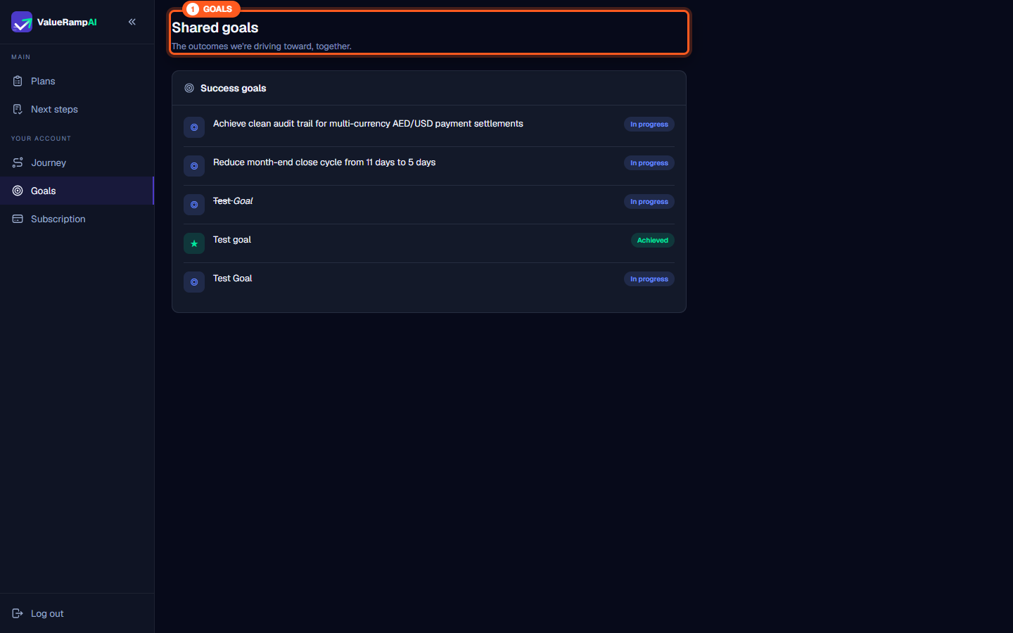 Shared goals screen header displaying title and subtitle for joint customer success outcomes