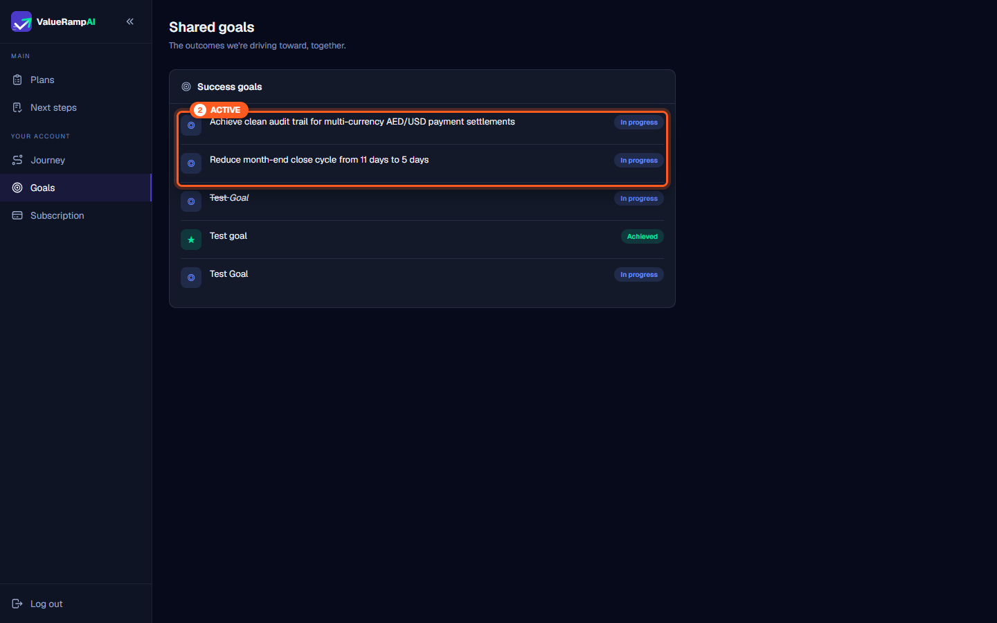 List of active success goals showing In progress badges and operational descriptions