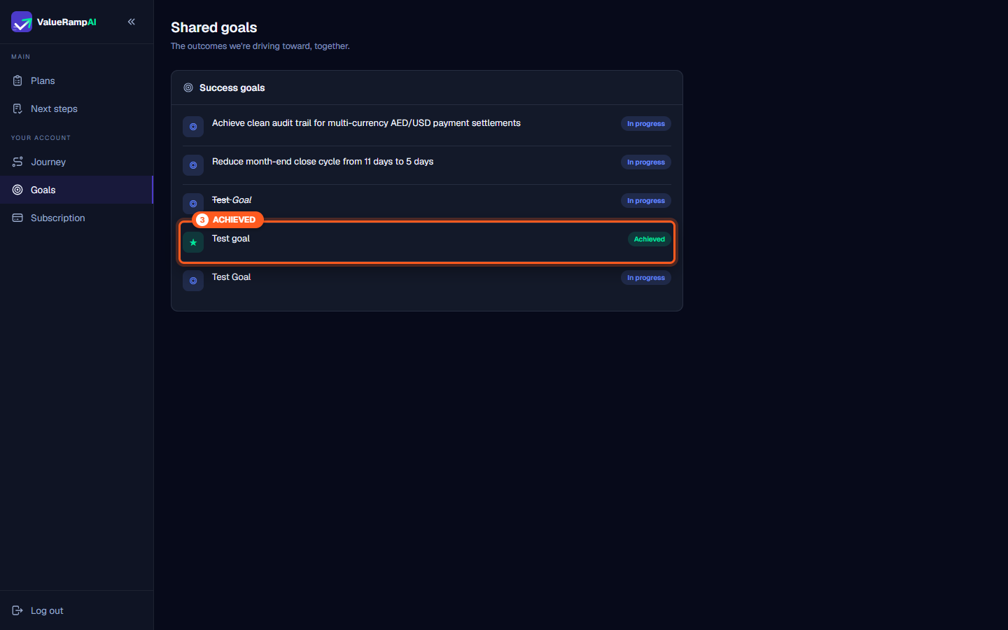 Completed success goal displaying a star icon and green Achieved badge