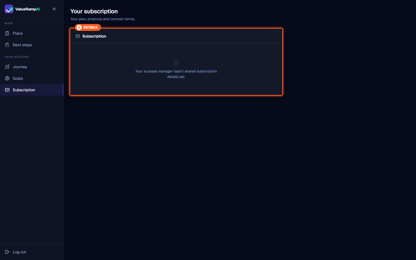 Subscription status panel displaying informational prompt when details have not yet been shared
