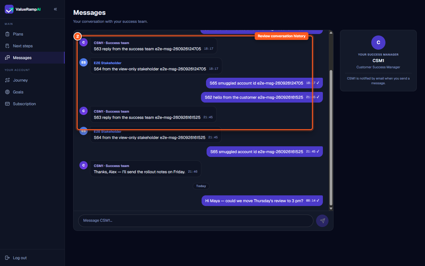 Shared conversation feed displaying messages exchanged between customer contacts and the success team