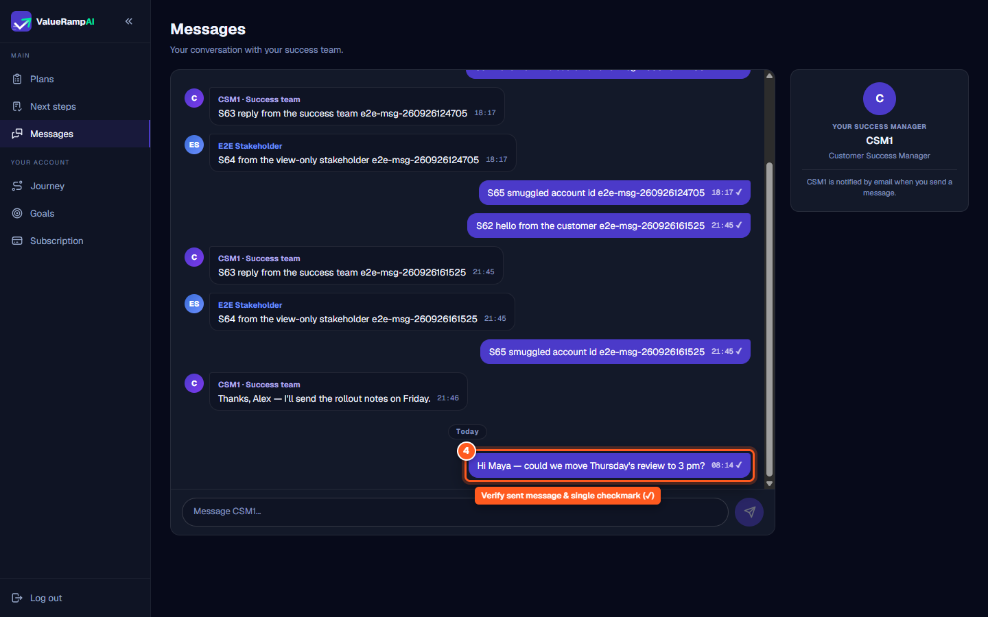 Sent customer message appearing in the thread with a single checkmark showing it was saved and sent