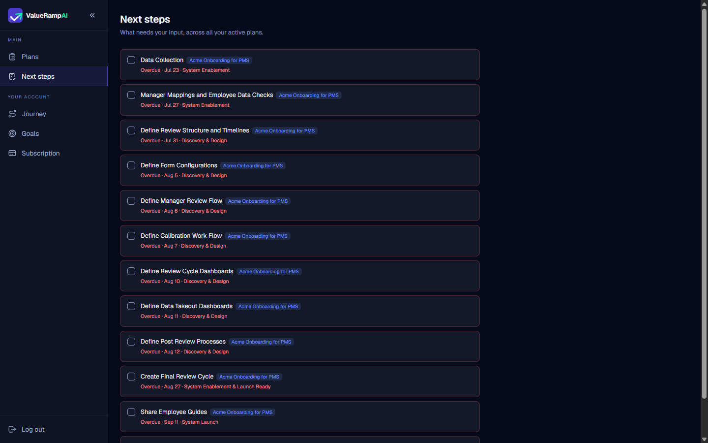 Next steps header displaying page title and summary subtitle for pending plan inputs