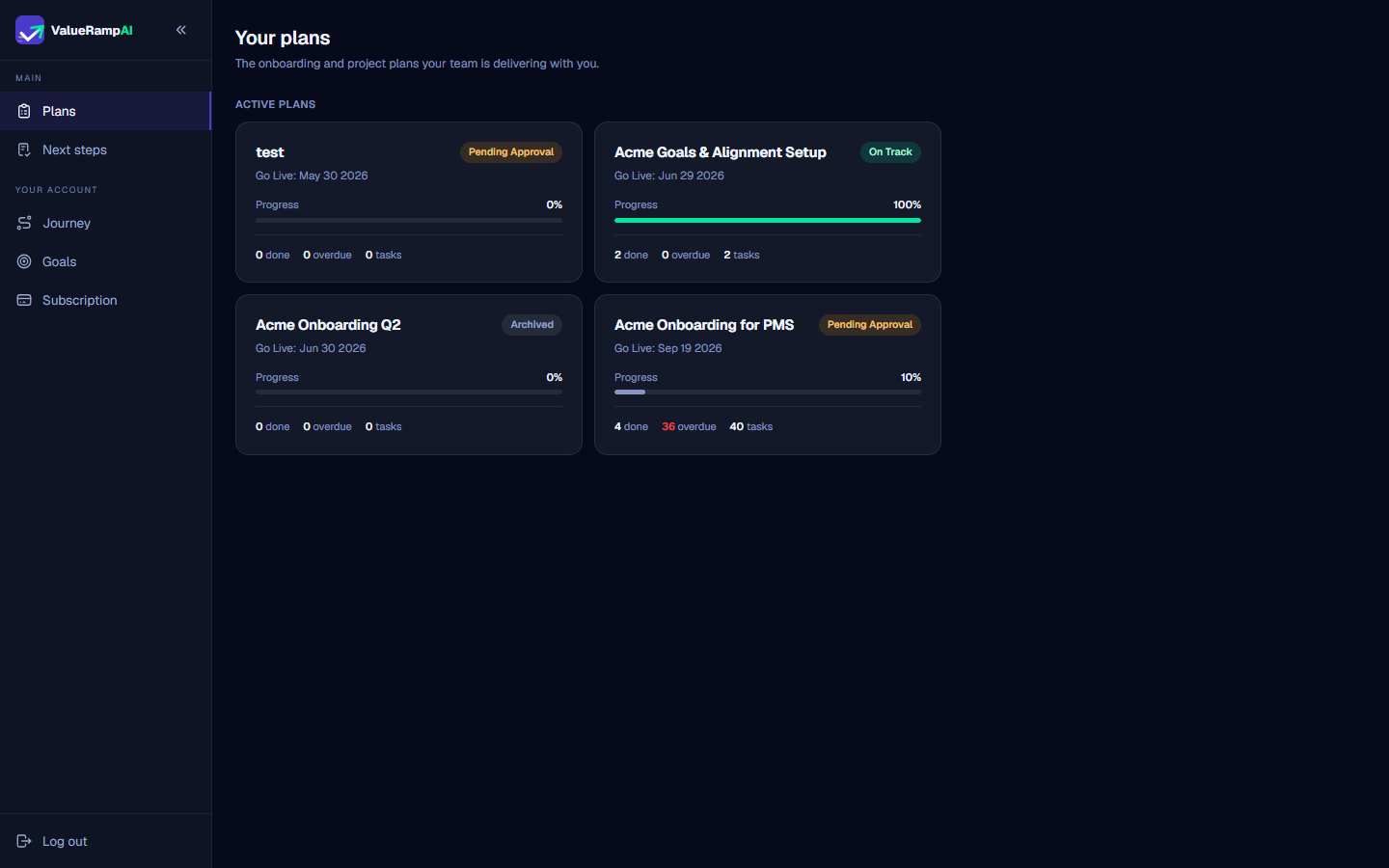 Plans directory grid showing plan cards with target go-live dates, approval statuses, and progress bars