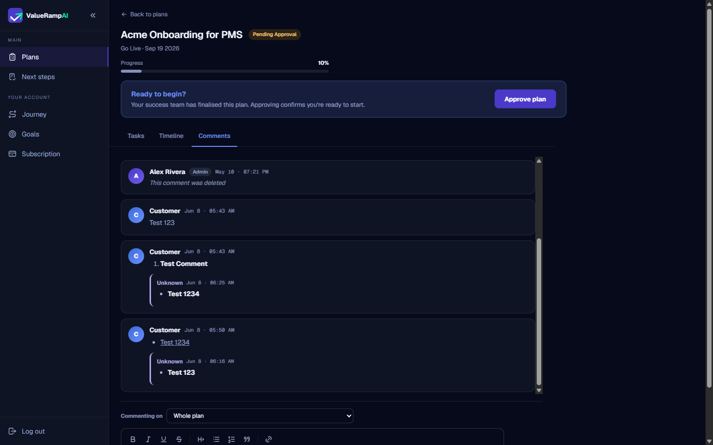 Comments tab view showing threaded discussions grouped by delivery phase and plan level
